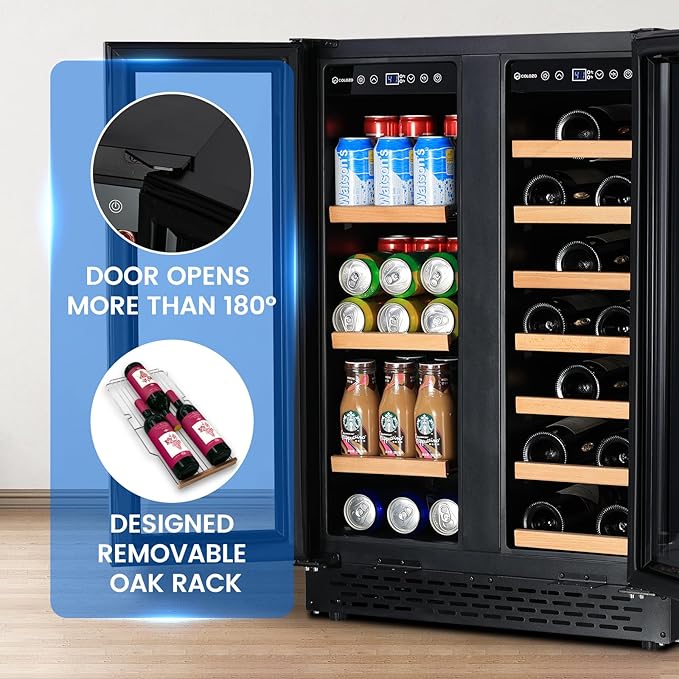 24 Inch Wine and Beverage Refrigerator Under Counter, Dual Zone Black Beverage Fridge with Glass Door&Lock,20 Bottles & 88 Cans Wine and Beverage Cooler, Freestanding Mini Fridge for Bedroom Home-DeskLoop Office