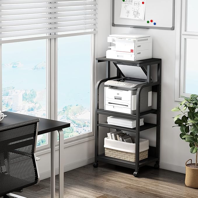 Printer Stand with Adjustable Shelf, 4 Tier Large Tall Printer Table with Wheels for Home Office Storage and Organization, Rolling Stand Cart for Computer Tower CPU Shredder, Black-DeskLoop Office