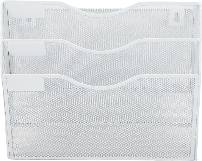 EASEPRES 3 Pocket Mesh Hanging Wall File Organizer, Wall Mounted Mail Paper Document Folder Holder, Clipboard Storage Organization Magazine Rack with Nametag Label for Office Home School, White-DeskLoop Office