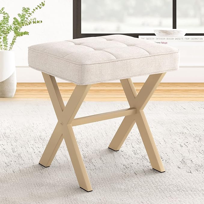 LUE BONA Square Linen Makeup Stool, Metal X Legs, Small Ottoman Stool Chair by LUEBONA