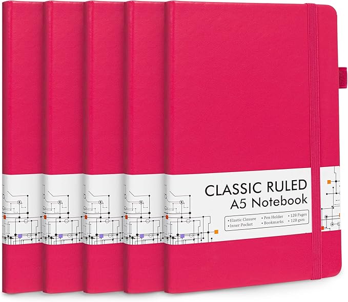 feela 5 Pack Notebooks Journals Bulk, Hardcover Notebook Classic Ruled Lined Journals with Pen Holder for Women Girls School Business Supplies, with 5 Black Pens, 120 GSM, 5.1”x8.3”, A5, Berry-DeskLoop Office