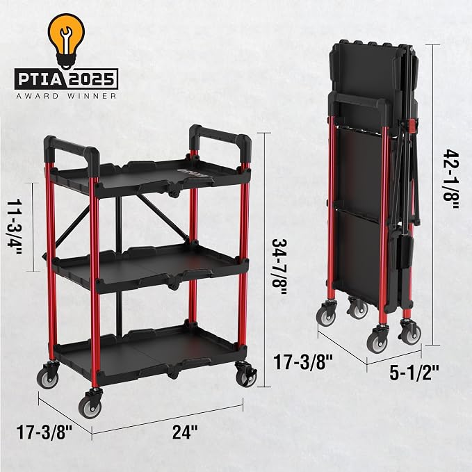 WORKPRO 3-Tier Collapsible Service Cart, 210 LBS Foldable Utility Cart - Image 3