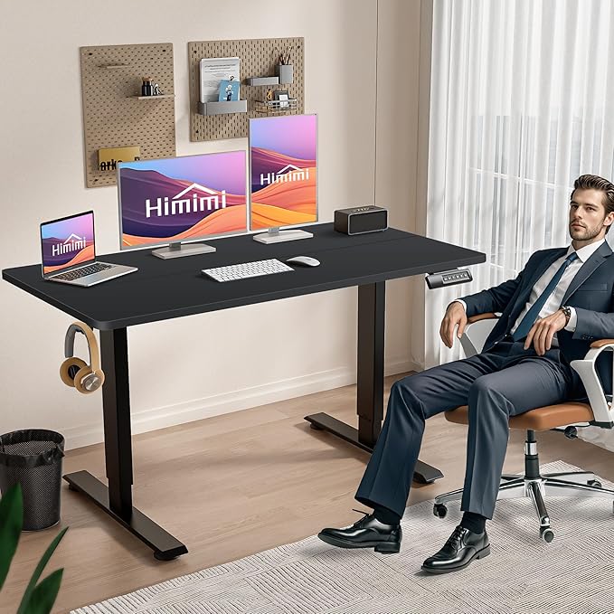 Himimi Electric Standing Desk 55 x 24 inch for Home Office,Sit-Stand Adjustable Desk with Memory Presets,Height Adjustable Desk for Gaming/Working,Free Hook, Lockable Wheels,Mouse Pad,Black-DeskLoop Office