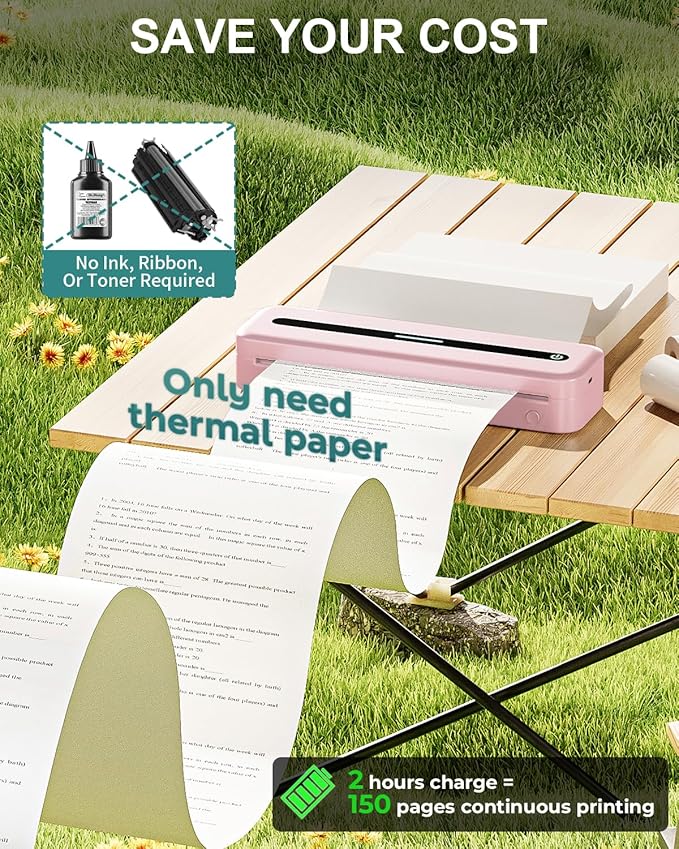 COLORWING Portable Printers Wireless for Travel, 300DPI Mini Compact Inkless Printer, Thermal Bluetooth Printer Compatible with Android and iOS Smartphone & Tablet & Laptop - Pink-DeskLoop Office