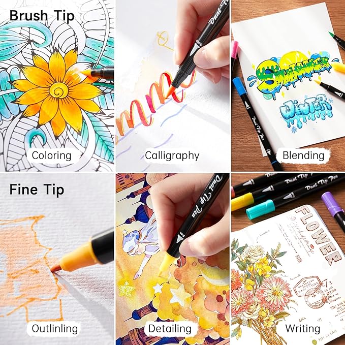 Shuttle Art Dual Tip Brush Pens, 96 Colours Fine and Brush Tip Markers Set with Pen Holder & 1 Colouring Book, Felt Tip Colouring Pens for Adults and Children Colouring Calligraphy Journal Doodling-DeskLoop Office