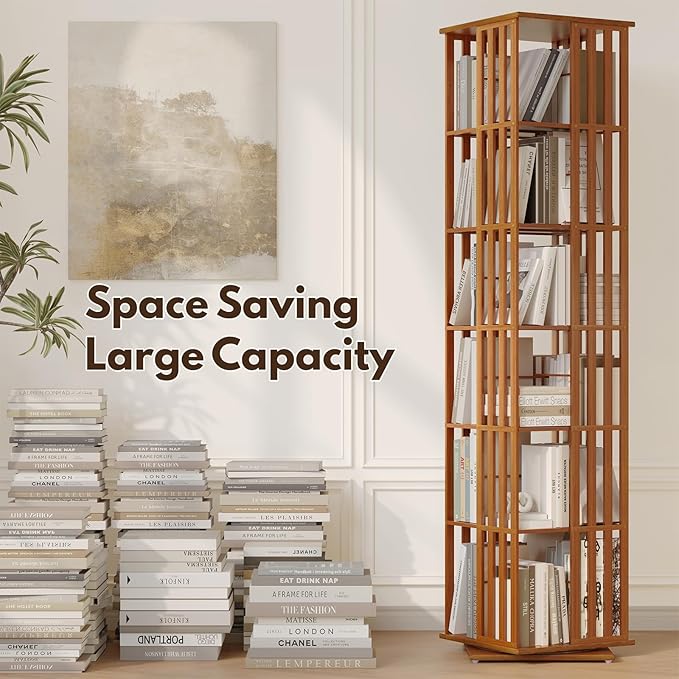 Rotating Bookshelf Tower, 360 Display Spinning Bookcase, Bamboo Bookshelf Floor Standing Storage Rack, Wood Narrow Book Shelf Organizer for Kids&Adults, Walnut 6 Tier-DeskLoop Office