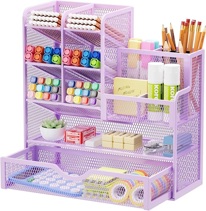 Marbrasse Mesh Pen Holder for Desk, Multi-Functional Pencil Organizer with Drawer, Desk Organizers and Accessories for Office Art Supplies (Purple)-DeskLoop Office