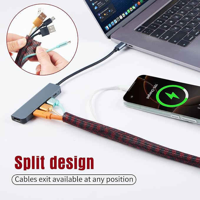 QCSIW Split Cable Sleeve, 3/8 inch 50ft Black Red Braided Wire Loom - Image 7