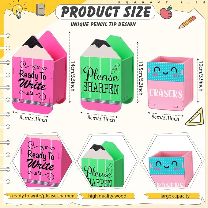 DoubleFill 3 Pcs Sharp and Dull Pencil Holder Eraser Buckets Wooden Shaped - Image 2