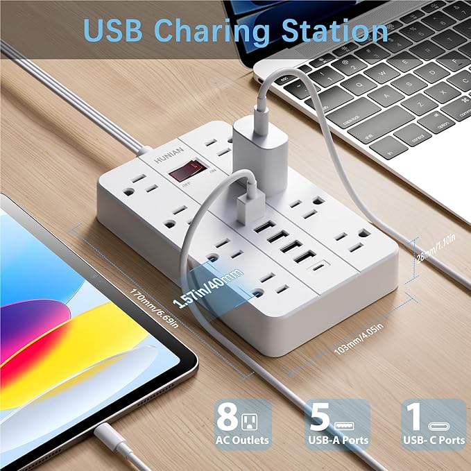 Extension Cord Power Strip Surge Protector 15 Ft, HUNIAN Flat Plug with 8 Widely Spaced Outlets 6 USB (1 USB C Port), Wall Mount Charging Station for Home and Office-DeskLoop Office