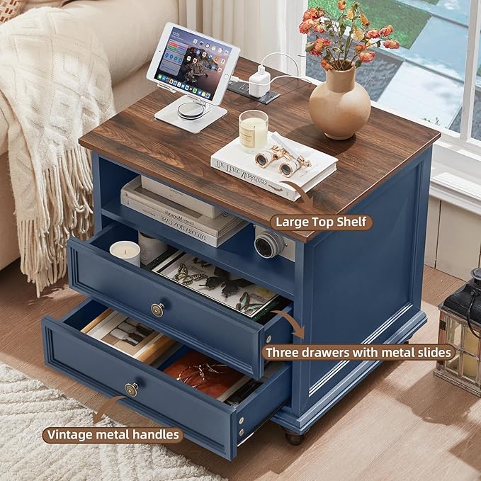 24" Wide Farmhouse Nightstand with Charging Station, End Table with 2 Drawers, Blue Wood Dresser for Bedroom Cabinet, Bed Side Table Chest of Drawers, Night Stand for Living Room, Closet-DeskLoop Office
