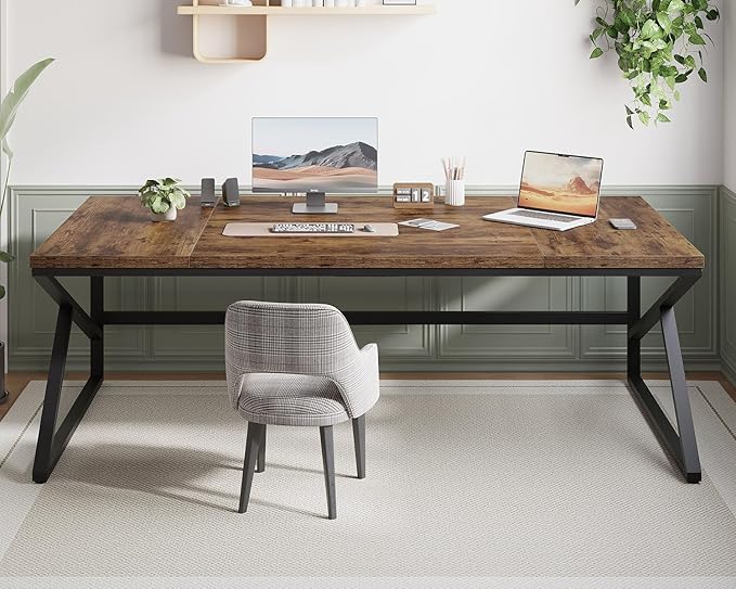 HSH Large Rustic Brown Computer Desk, 78 Inch Extra Long Metal Wood Desk for Home Office, Two Person Executive Writing Study Gaming Desk Table, Bedroom Living Room PC Laptop Dual Monitor Desk-DeskLoop Office