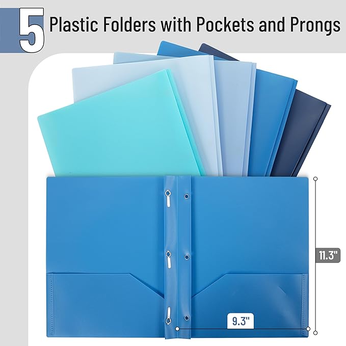 Mr. Pen- Plastic Folders with Pockets and Prongs, 5 Pack, Letter Size | Blue - Image 2