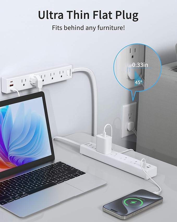 2 Pack Power Strip Surge Protector, 10 Ft Ultra Thin Flat Plug Extension Cord, Surge Protector with 5 Outlets & 3 USB Ports (2 USB C), 1700 Joules, 3-Prong, Wall Mount for Home Office Dorm, White-DeskLoop Office