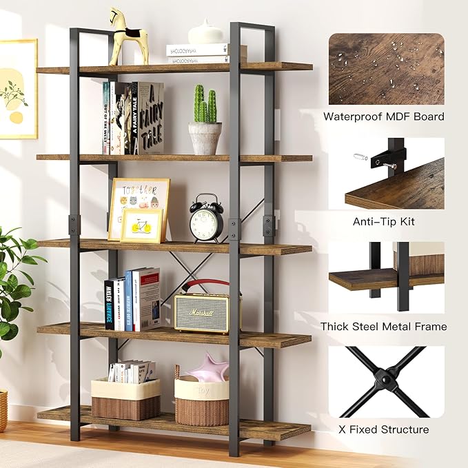 FRAPOW 5 Tier Bookshelf, 70 inch Tall Solid Bookcase Industrial Wooden Bookshelves Large Wall Etagere Rustic Vintage Book Shelf with Metal Frame Open Storage Rack for Living Room Home Office-DeskLoop Office