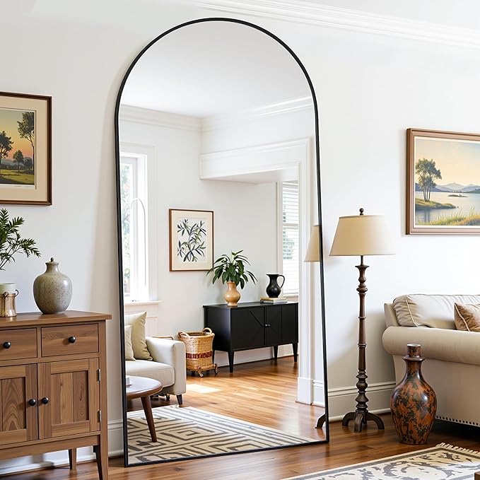 Full Length Mirror, 78"x38" Oversized Floor Mirror Freestanding, Full Body Mirror Floor Standing Mirrors with Stand, Hanging Mounted Mirrors for Bedroom Living Room, Black, Arched Style-DeskLoop Office