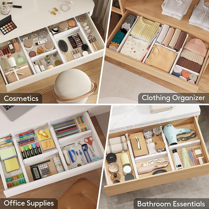 Lifewit 4 Pack Kitchen Drawer Dividers 2.36" High, 11"-17" Adjustable Drawer Organizer for Utensils/Clothes/Makeup, Plastic Expandable Separators in Dresser/Bedroom/Bathroom/Office Storage-DeskLoop Office