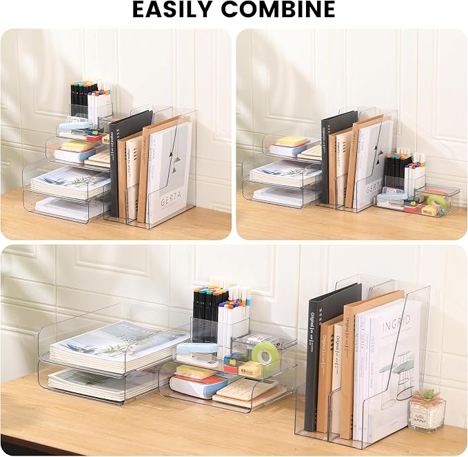 CiWiVOKi Desk Organizer with 2 Vertical File Holder, 4 Tier Stackable Paper - Image 6