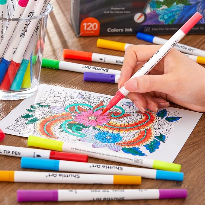 120 Colors Dual Tip Brush Marker Pens with 1 Coloring Book, Fineliner and Brush Dual Tip Markers Set, Water-based Ink Perfect for Kids Adult Artist Calligraphy Hand Lettering Journal Doodling Writing-DeskLoop Office