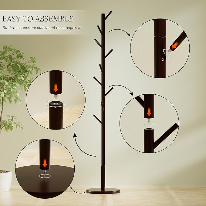 Wooden Freestanding Coat Tree with 4 Height Options and 9 Hooks, Sturdy Coat Rack Stand for Clothes/Bags/Hats, Save Space Coat Rack for Entryway, Bedroom, Office, Narrow Place (Coffee)-DeskLoop Office