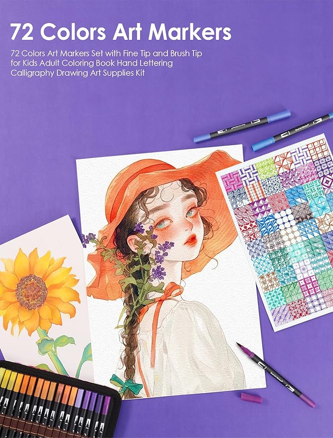 Double Brush Marker Pens, 72 Colors Art Markers Set with Fine Tip and Brush Tip for Kids Adult Coloring Book Hand Lettering Calligraphy Drawing Art Supplies Kit-DeskLoop Office