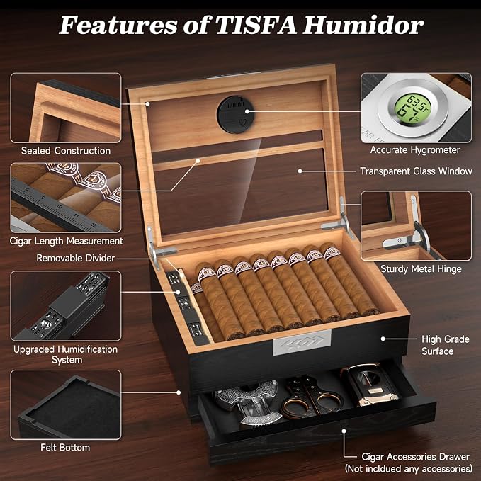 TISFA Cigar Humidor, Cedar Wood Desktop Humidor Box - Image 3
