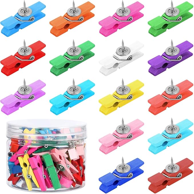 SANNIX 50Pcs Wooden Push Pin Clips, Bright Thumb Tack Clips by SANNIX