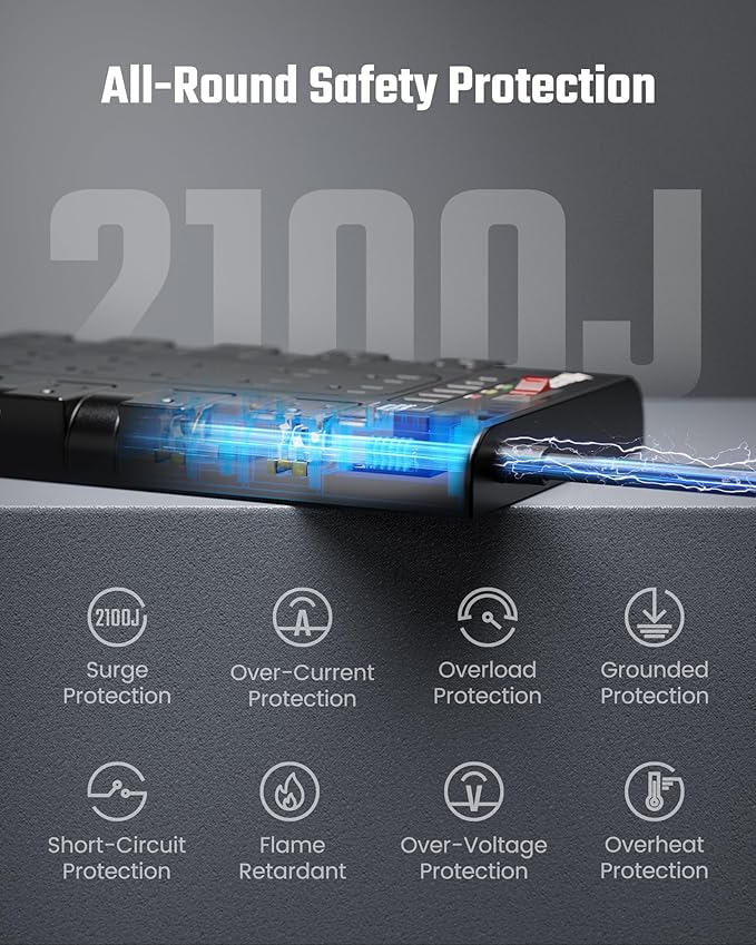 10Ft Power Strip Surge Protector, SUPERDANNY Charging Station 22 Outlets with 45W Type-C Fast Charging USB Ports, 4 USB-A, 2 USB-C, 2100J, 15A/1875W, Flat Plug Extension Cord for Home Office Black-DeskLoop Office