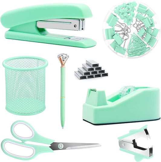 Green Office Supplies, Staple Remover, Tape Holder, Pen Holder, Ballpoint Pen by Famassi