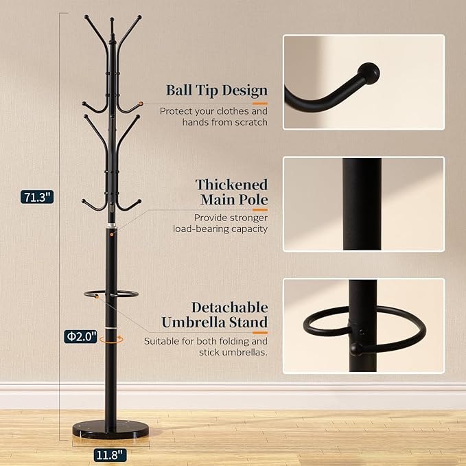 Yoobure Metal Coat Rack Freestanding with Marble Base, Coat Tree with 12 Hooks & Umbrella Holder, Coat Hanger Stand for Corner Entryway Bedroom Office, Heavy Duty Coat Rack Stand for Clothes Hats Bags-DeskLoop Office