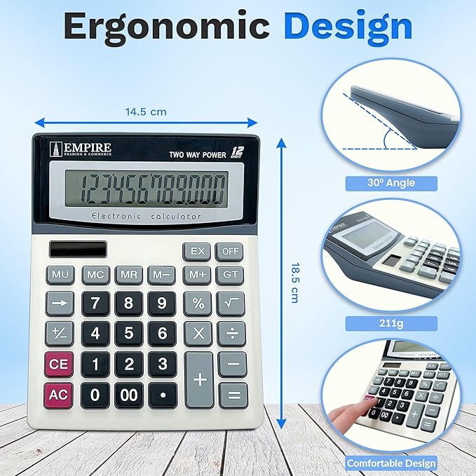 Empire Desk Calculator with Large Key Buttons, 12 Digits, Large Eye-Angled Display, Solar and Battery Powered for Home and Office (Battery Included)-DeskLoop Office
