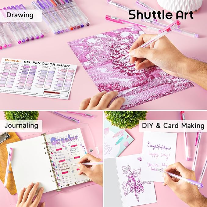 Shuttle Art 60 Pack Tone , Pink Purple Gel Pens with 30 Refills for Adults Coloring Books Journaling Drawing Nature, Landscapes, Animals Scenes-DeskLoop Office