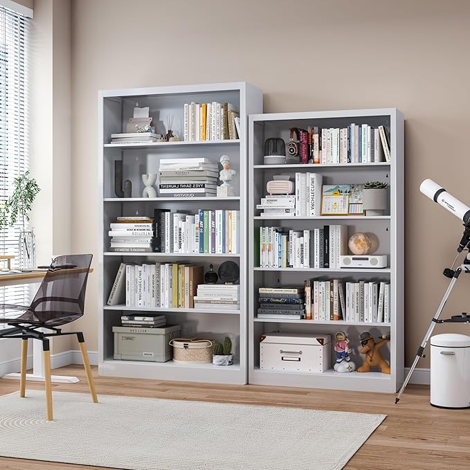 5 Tier Bookshelf, Metal White Book Shelf with Backboard, Adjustable 55" Tall Bookcase, Modern Book Shelves for Living Room, Office, Bedroom, School-DeskLoop Office