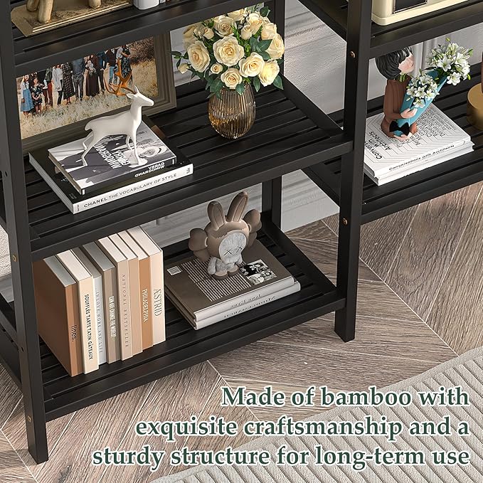 Homykic Double Wide Bamboo Bookshelf Black, 6-Tier Large Open Bookcase with 12 Display Shelves, 6ft Tall Freestanding Book Shelf for Home Office, Bedroom, Living Room, Plants-DeskLoop Office