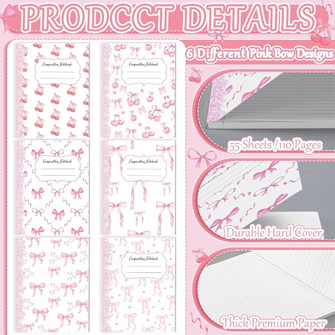 Fullhawl 6 Pack Composition Notebook College Ruled Bulk Light Pink Bow - Image 5