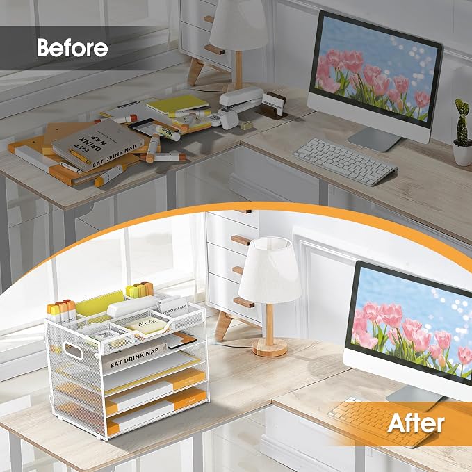 5 Tier Paper Letter Tray with 3 Drop-in Pen Holders, Mesh Desk File Organizer - Image 5