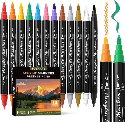 TOSHARE 12 Colors Acrylic Paint Markers Waterproof Dual Tip Acrylic Paint Pens by TOSHARE