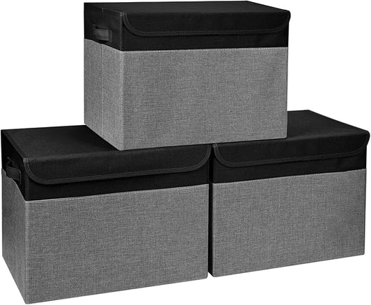 Large 17" 42 Quarts Collapsible Stackable Storage Bins with Lids [3-Pack] Foldable Fabric Linen Storage Boxes Cube, Closet Organizer Baskets with Label for Home (16.7 x 12 x 12", Black & Gray)-DeskLoop Office