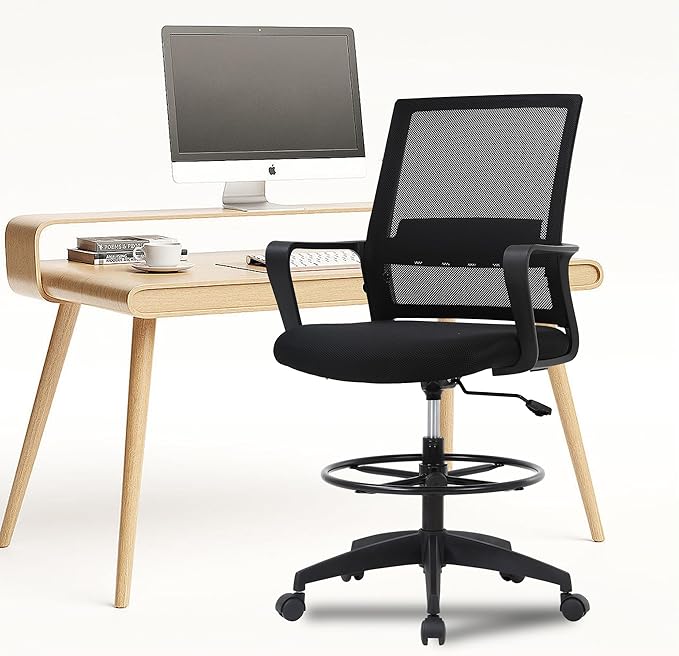 PayLessHere Drafting Chair Computer Standing Desk Chair Tall Office Chair with Lumbar Support Adjustable Foot Ring for Mesh Ergonomic Mid-Back Desk Chair (Black)-DeskLoop Office