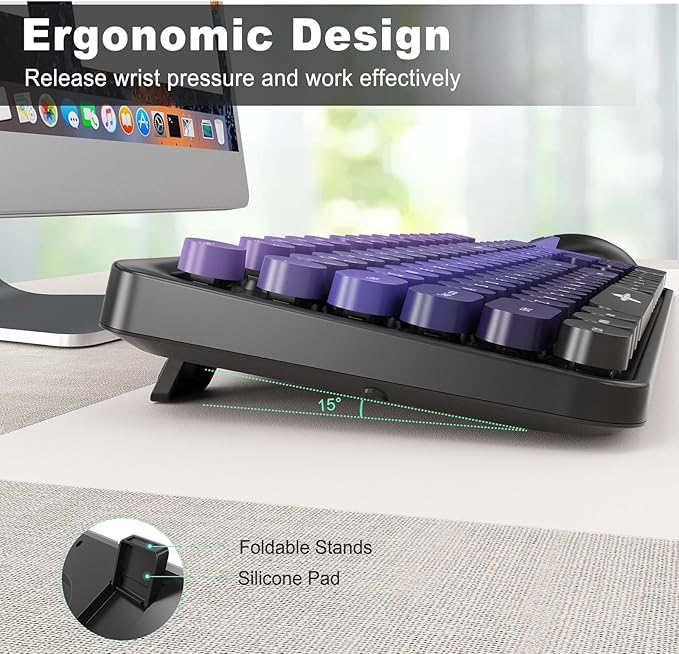 FOPETT Wireless Keyboard and Mouse Combo - 2.4G Full-Sized Cute Colorful Mouse and Keyboard with 104 Round Keys Retro Typewriter Keyboard for Laptop/Windows/PC - Purple Gradient-DeskLoop Office