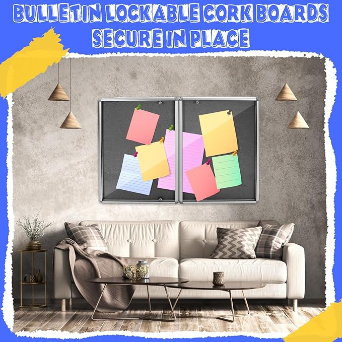 Enclosed Bulletin Board 48" x 36" Weather Resistant Lockable Notice Cork Display Board Wall Mounted 2 Locking Door for School Classroom Commercial Back to School, 12 x A4(Black, Silver Frame)-DeskLoop Office