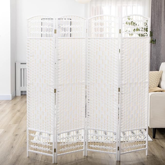 NicBex Room Divider 4 Panel Room Dividers with Woven Paper Design Partition Room Dividers and Folding Privacy Screens 5.6 FT Wall Divider for Office, Room Separation,63.6" W x 0.5" D x 67" H, White-DeskLoop Office