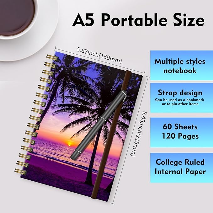 Spiral Journal Notebook, A5 Cute Notebooks for Women Men, College Ruled Hardcover Notebook for Work & Note Taking, 60 Pages Double-Wire Journals for Writing, Sunset Purple