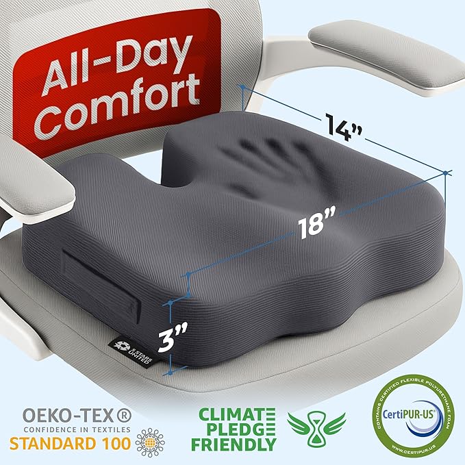 5 STARS UNITED Seat Cushion for Tailbone Pain Relief – Memory Foam Lifting Pillow for Coccyx, Hip, Hemorrhoid, Sciatica & Post-Surgery Recovery – Wheelchair, Car, Desk, Gaming & Office Chairs, D Gray-DeskLoop Office