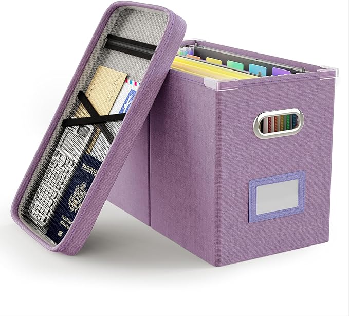 Oterri File Organizer with Lid, Hanging Filing Box with Mesh Pocket, Document Organizer for Letter Files, Portable Storage Box for Office & Home (1 PCS, Taro Purple)-DeskLoop Office