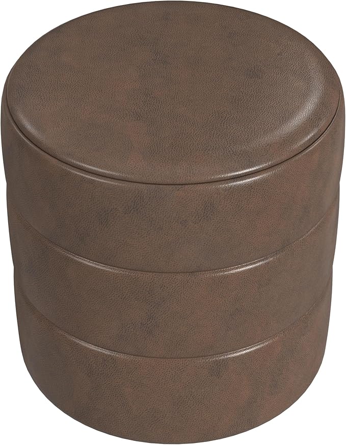 HomePop Upholstered Faux Leather Round Ottoman Home Décor|Foot Rest Ottoman- Brown Faux Leather-DeskLoop Office