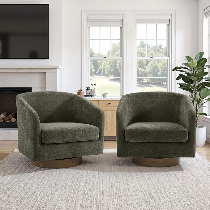 UIXE Swivel Accent Chairs Set of 2, Chenille Upholstered Barrel Chair for Living Room, Comfy Round Armchair Single Sofa Bedroom Reading Seat - 31" W, Tan-DeskLoop Office
