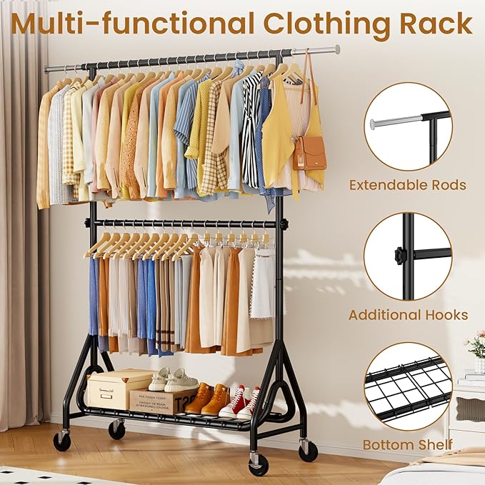 Double Rods Clothing Rack, Heavy Duty Clothes Rack for Hanging Clothes Load 560LBS, Metal Rolling Garment Racks with Wheels, Freestanding Clothes Hanging Racks, Black-DeskLoop Office