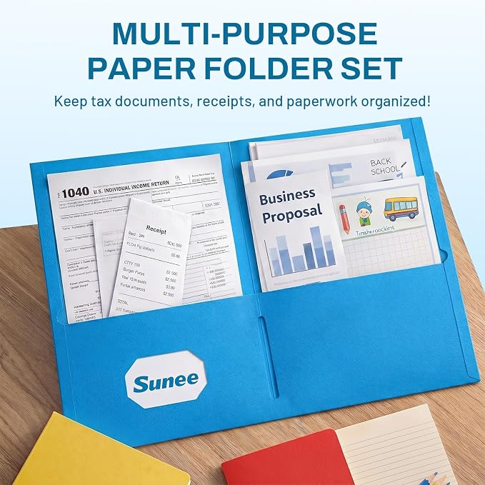 SUNEE Folders with Pockets, 2 Pocket Folders Fit Letter Size Paper, Paper File - Image 2