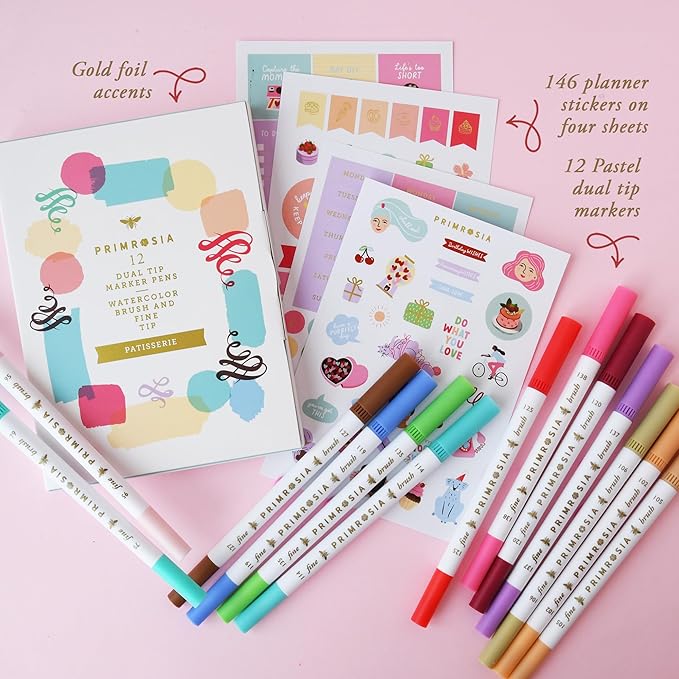 Primrosia 12 Dual Tip Watercolor Marker Pens - Fine Tip & Brush Tips, Professional Quality, 4 x Sticker Sheets, Blendable, Non-Toxic, Perfect for Calligraphy, Drawing & Coloring. (Patisserie)-DeskLoop Office
